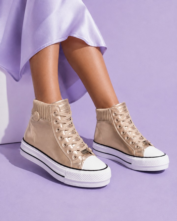Kinsley champagne gold metallic high top platform sneakers