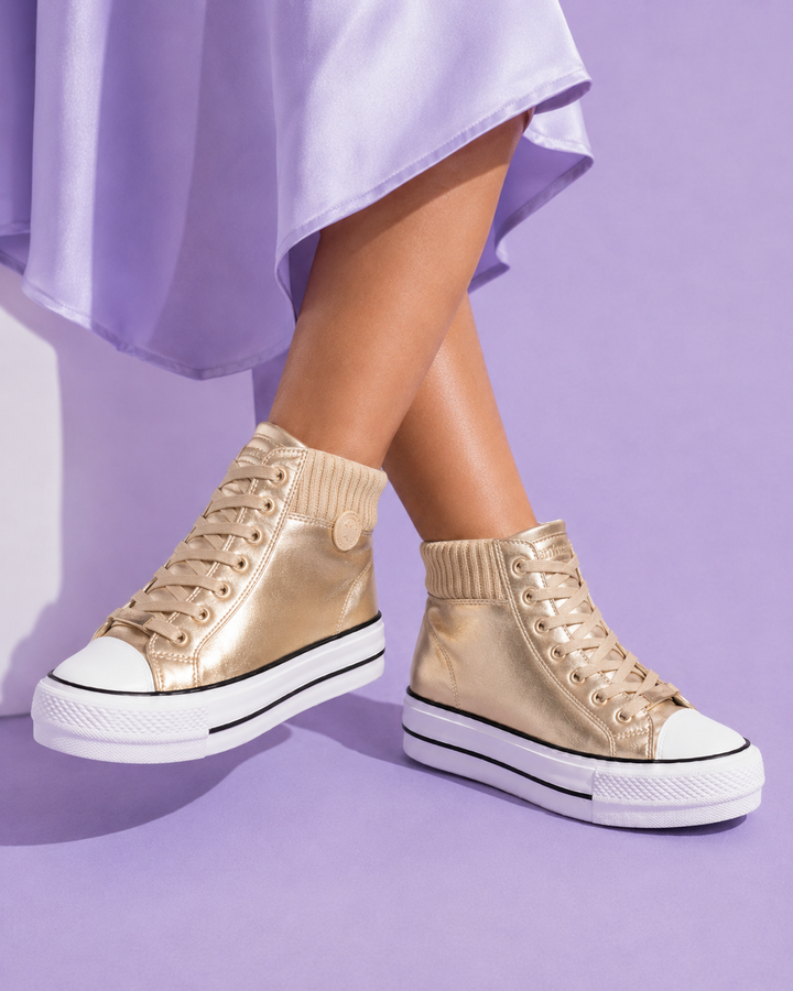 Kinsley gold metallic high top platform sneakers side perspective