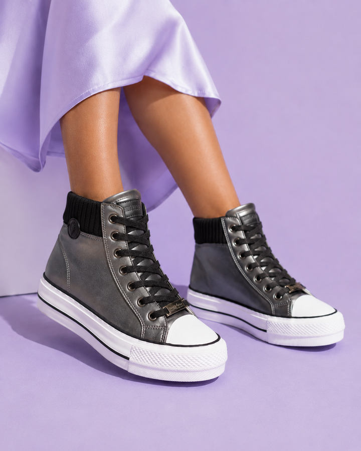 Kinsley gunmetal metallic high top platform sneakers