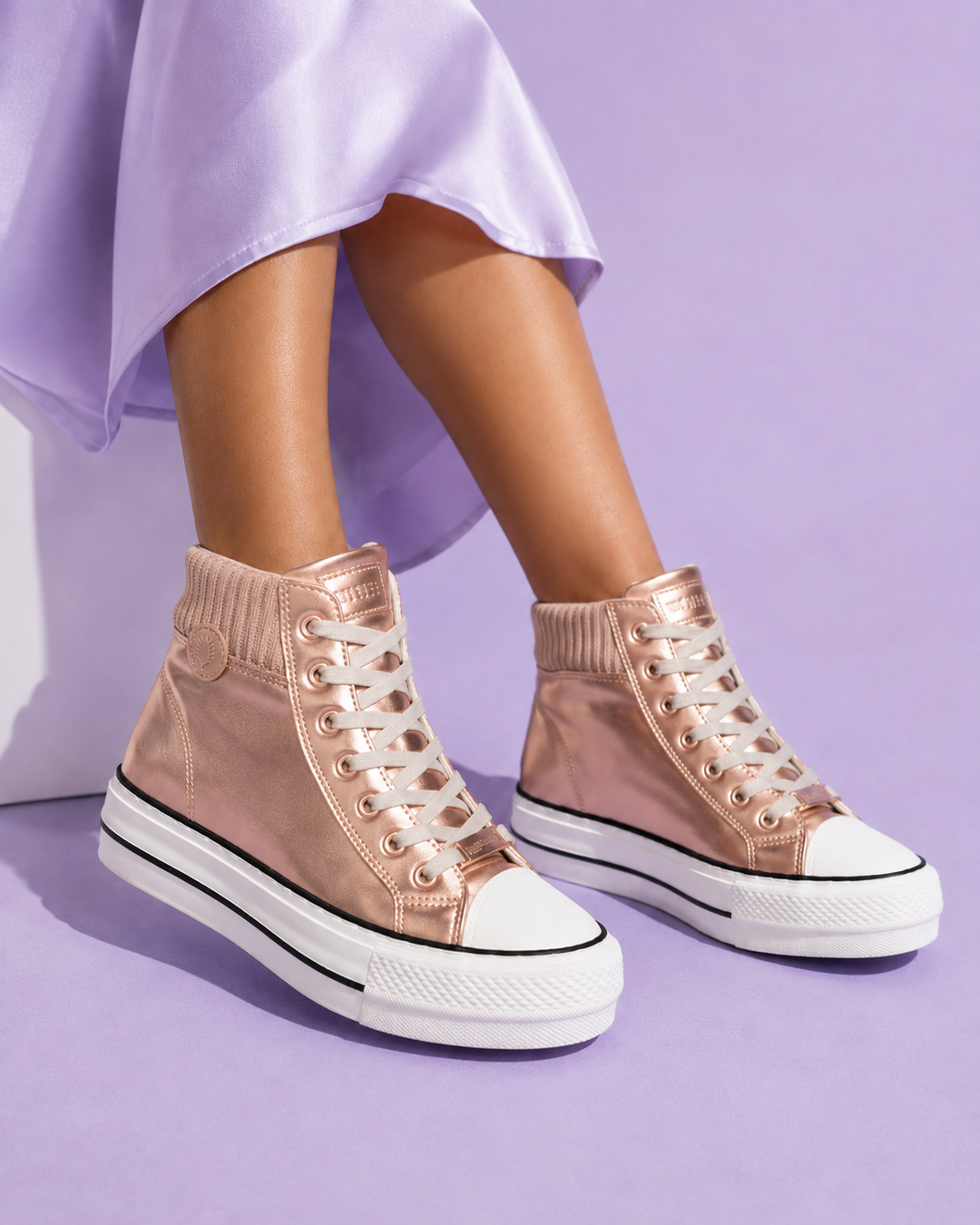 Kinsley rose gold metallic high top platform sneakers
