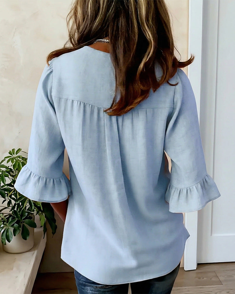 Solid Color Cotton-Linen Blouse with Buttons and Ruffles
