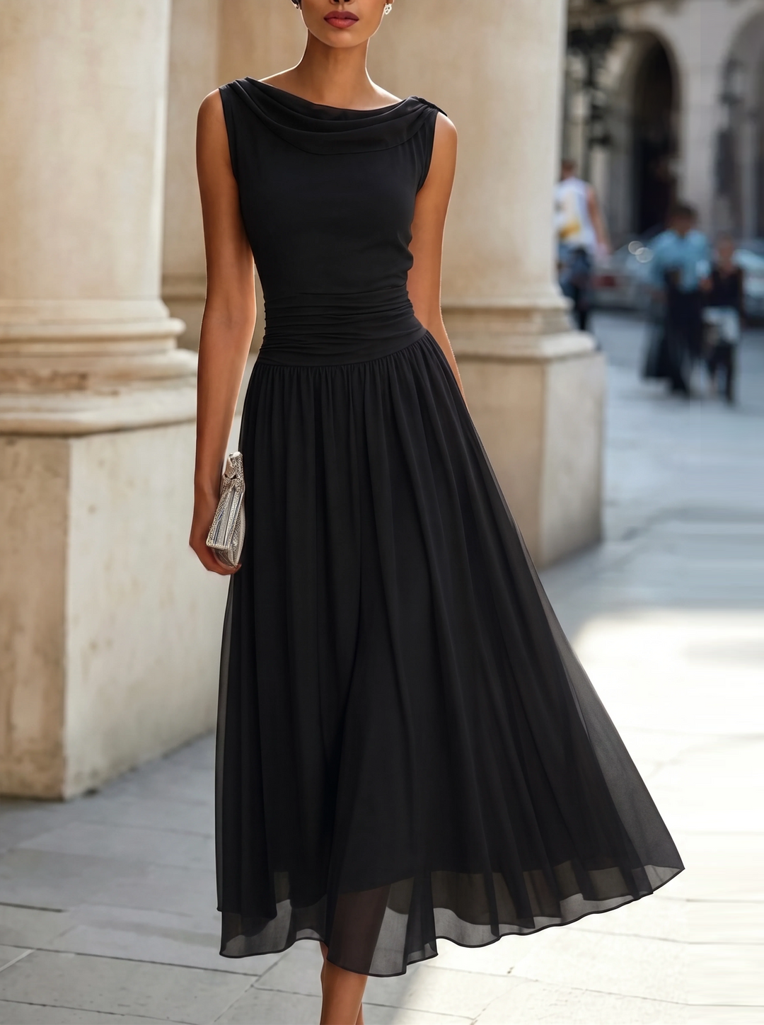 Vivian | Pleated Midi Dress with Draped Neck