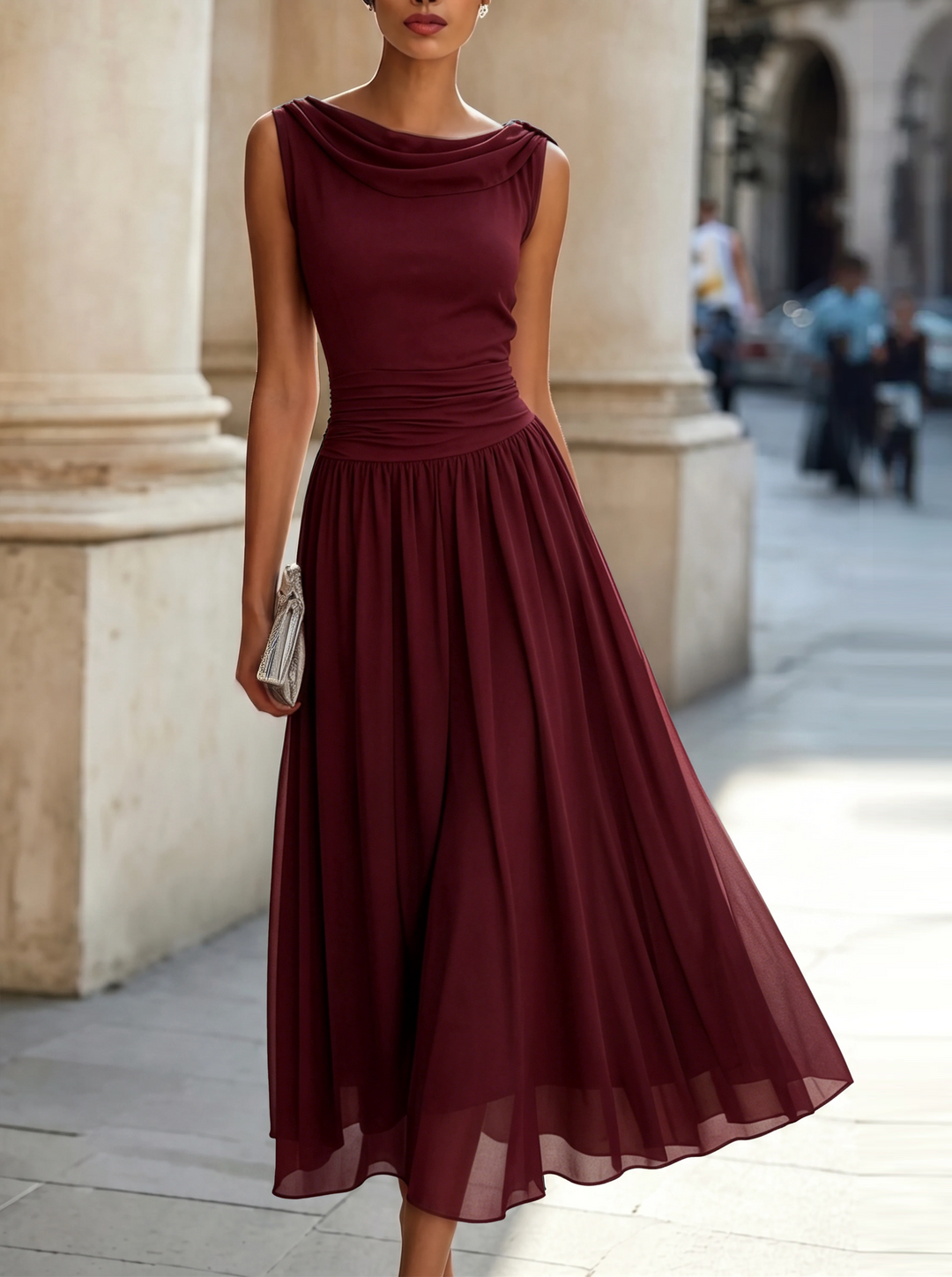 Vivian | Pleated Midi Dress with Draped Neck