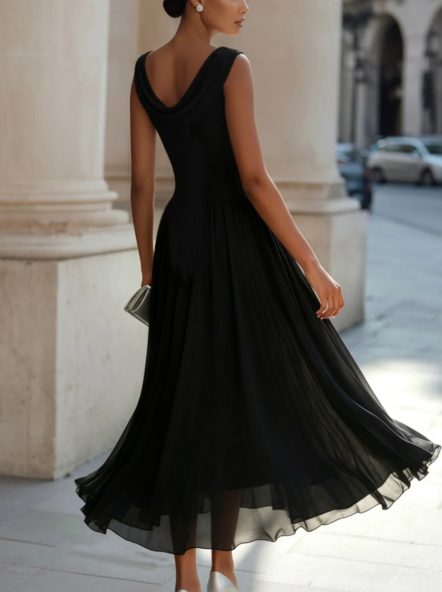 Vivian | Pleated Midi Dress with Draped Neck