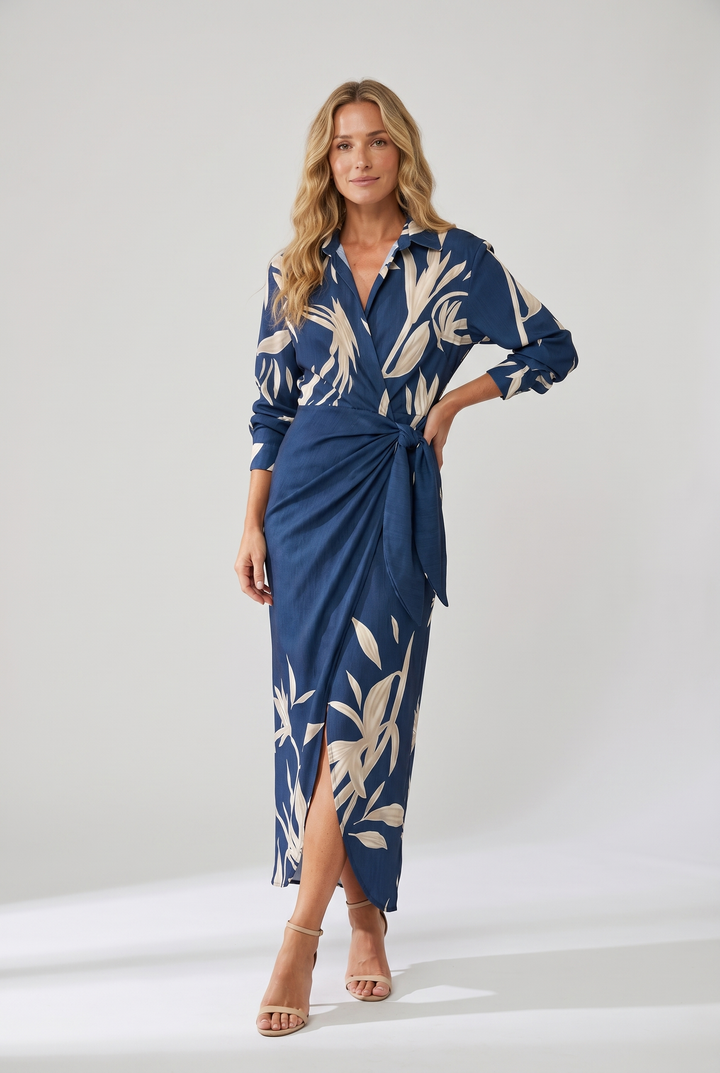 Women's Dress | Leaf Print Maxi Wrap V-Neck